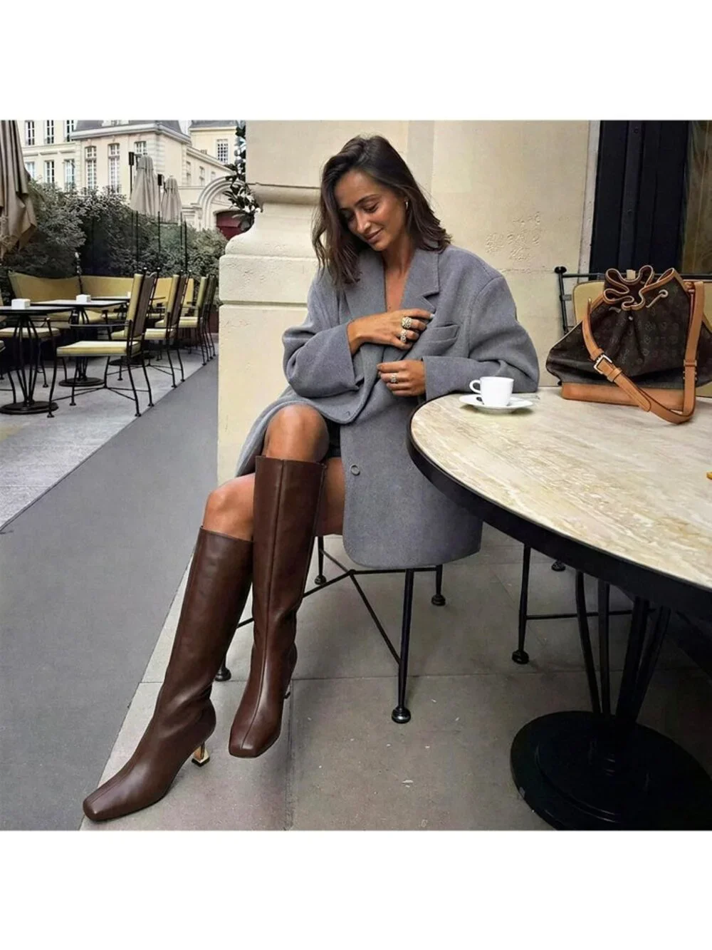 Women's Brown Square Toe Kitten Low Heel with Zipper Comfort Tall Knee High Boot